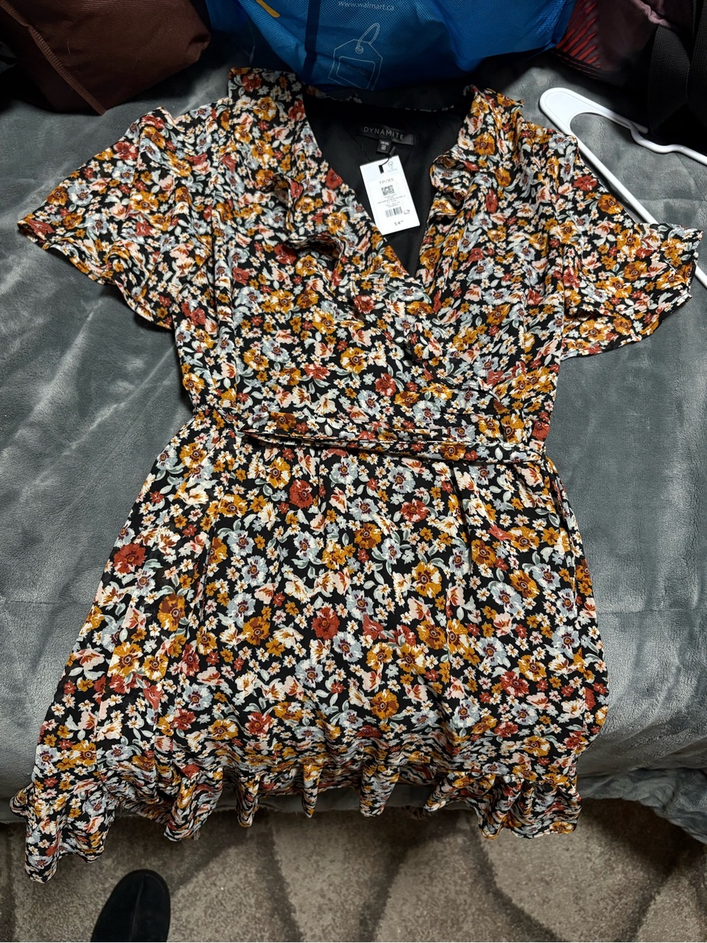 Dynamite Black Floral Wrap Mini Dress with Mustard & Rust Accents